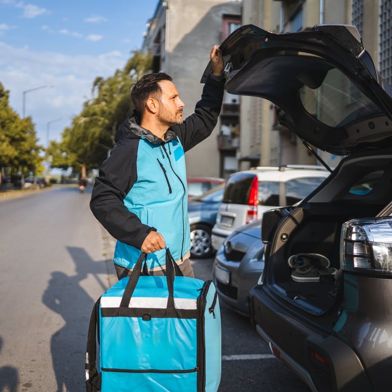 Delivery driver in uniform jacket opening car trunk and holding a thermal bag while getting ready for food delivery on a bustling city street