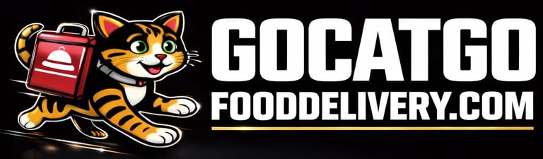 GoCatGo food delivery logo with an orange cat holding a red delivery bag