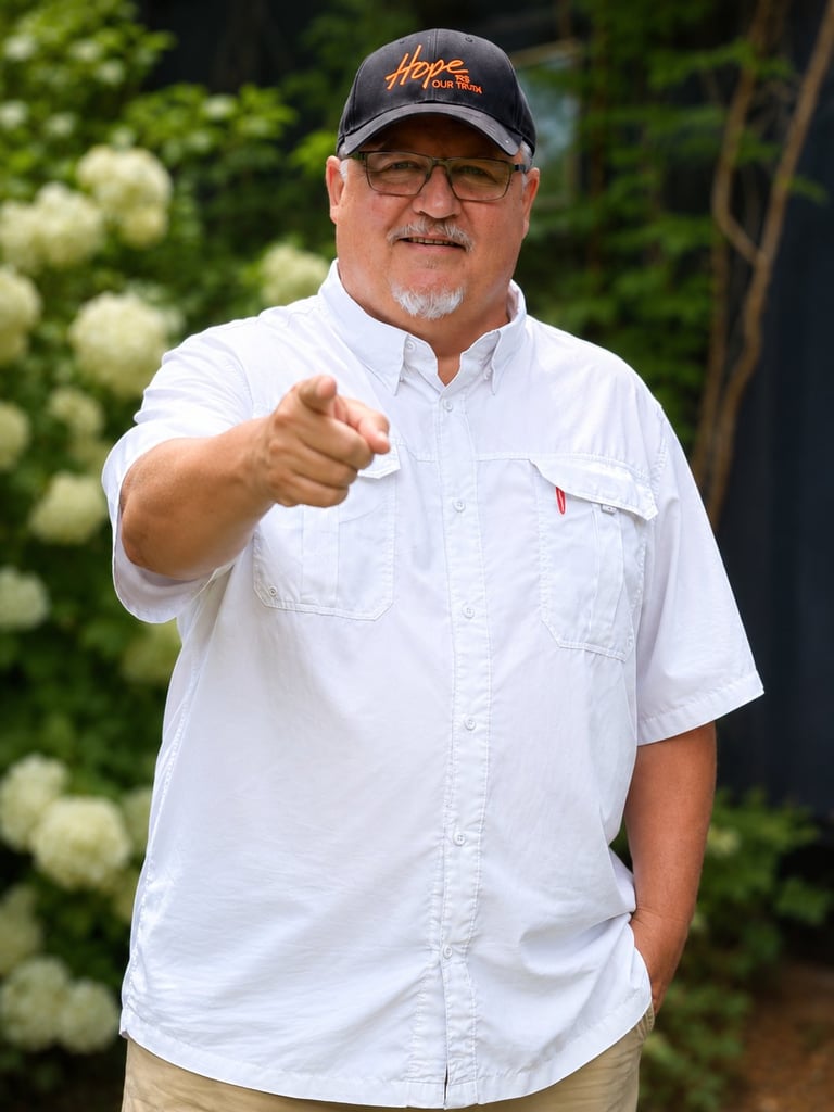 Middle-aged man wearing glasses, white button-up shirt, and black cap pointing at camera outdoors with green foliage background