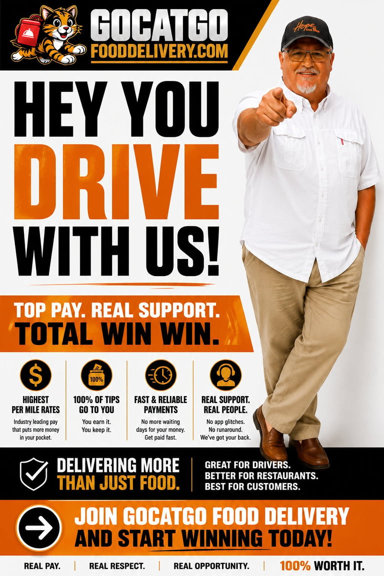 GoCatGo food delivery recruitment poster featuring a man pointing at camera with benefits like highest pay rates, 100% tips, fast payments, and real support for drivers